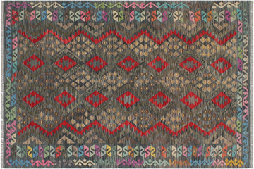Flat Weave Kilim, Antique, Navaho, Vintage, Handmade, Geometric Kilim Green Red Hand-Woven Rectangle 100% Wool Area Rug 6 x 8